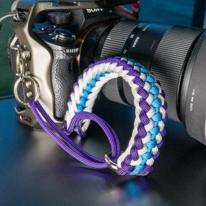 Custom handmade camera wrist strap. + Free Matching Keychain and Zipper Pull